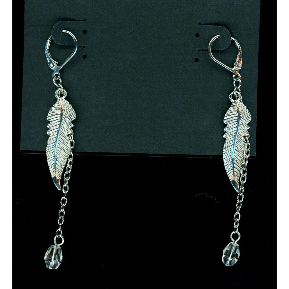 Silver toned Feather with Glass Beads Drop Earrings by Cookie Lee NWT